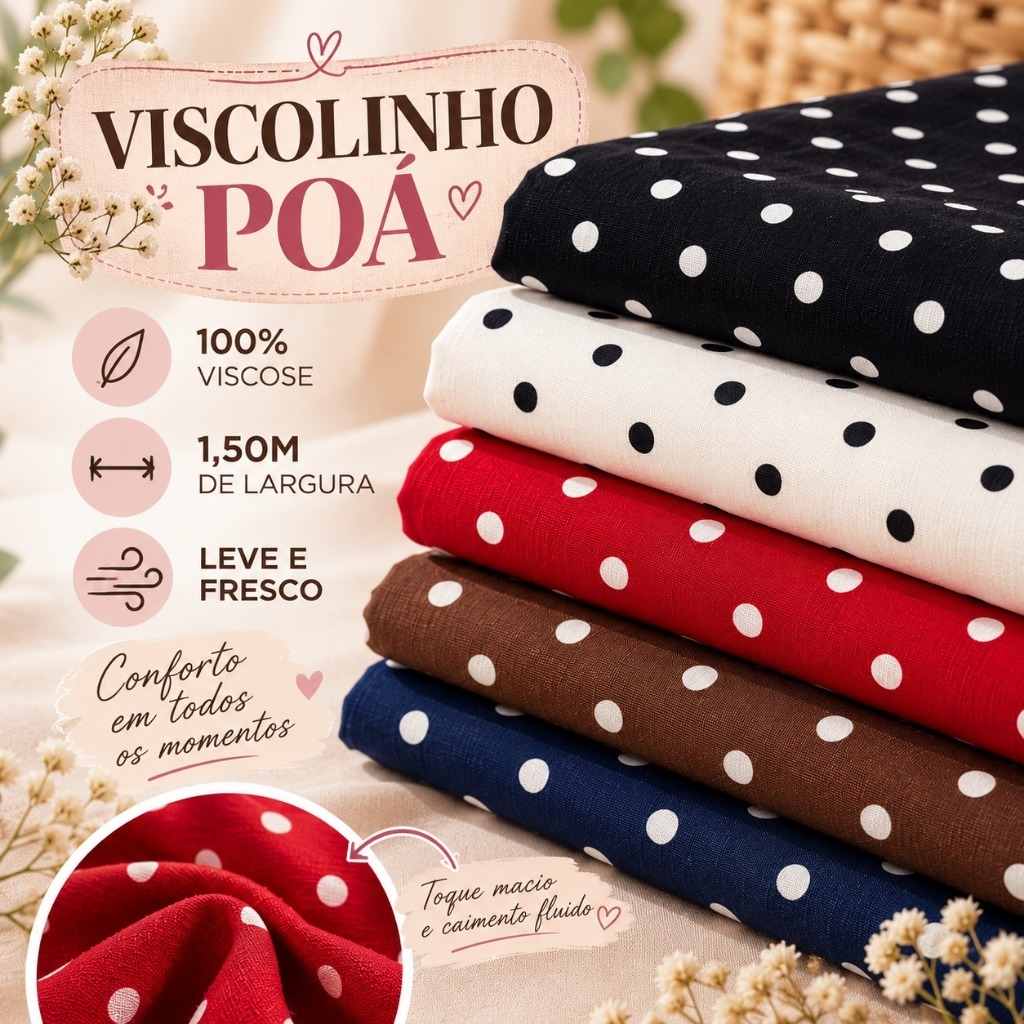 1 Metro de Tecido Viscolinho Poá 1,50m Largura Leve Fresco Para Vestido Blusa Saia Bolinha