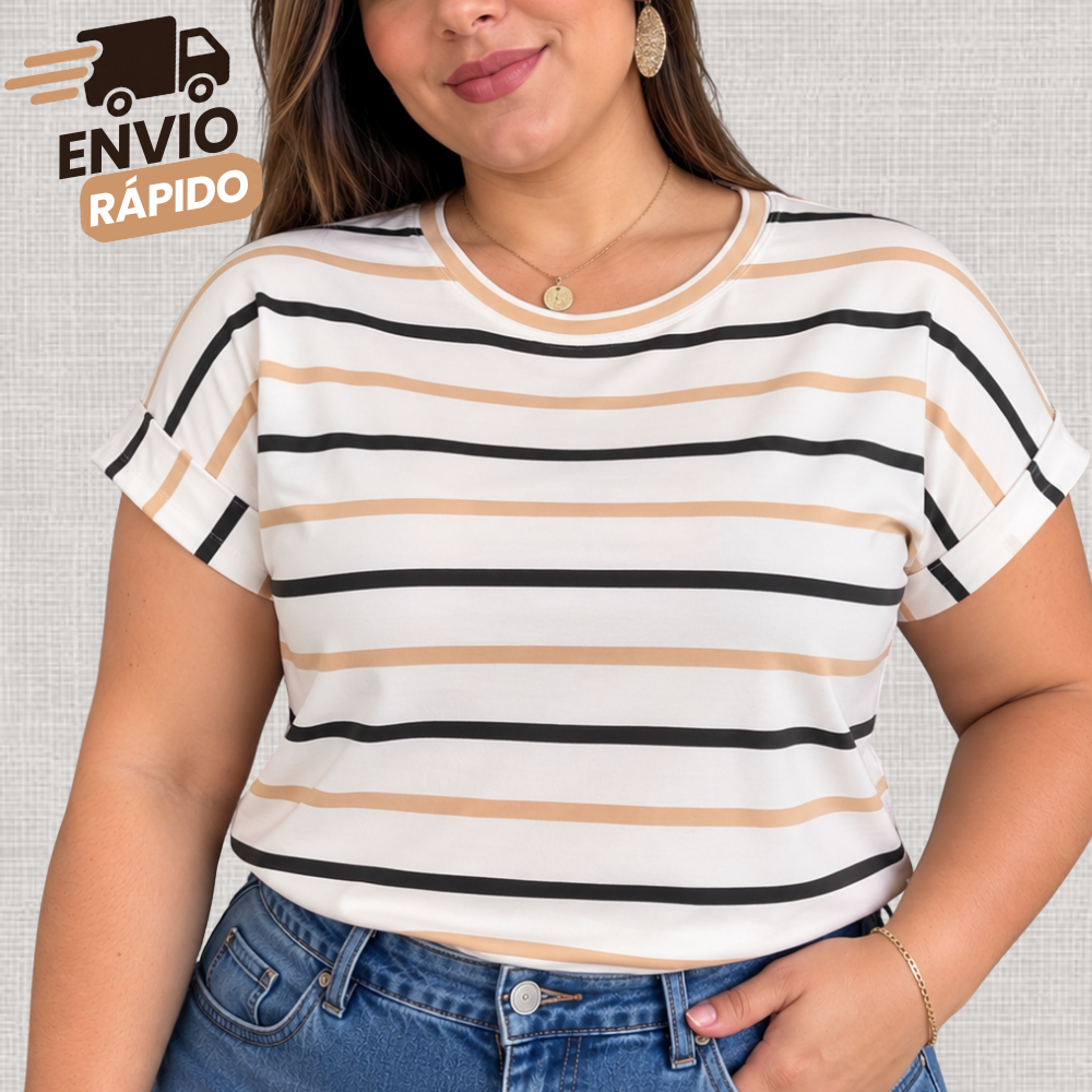 Blusa Feminina Listrada Viscolycra Manga Japonesa Dobrada Gola Redonda Confortável Casual Elegante Moda Feminina Verão