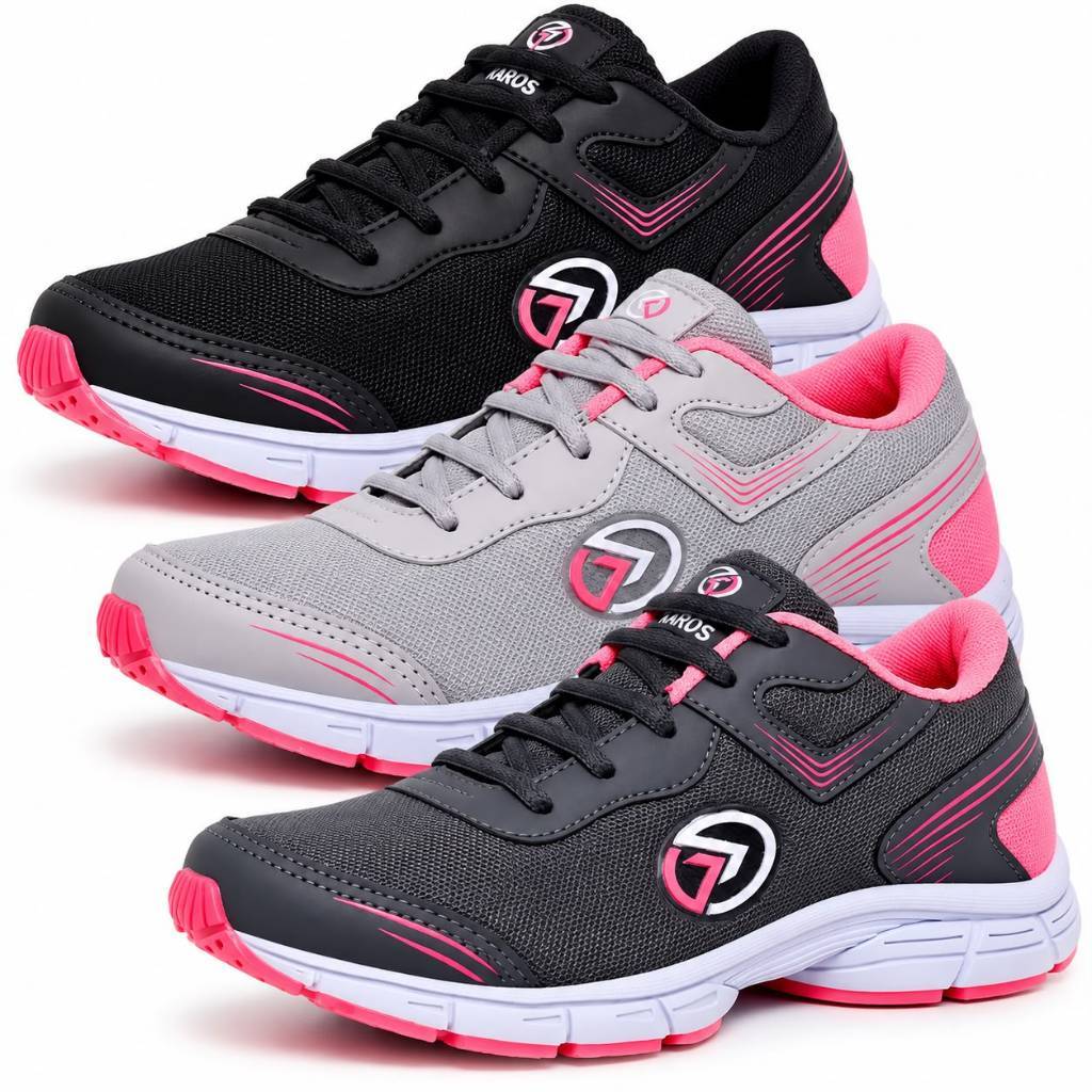 Kit 3 Pares Tênis Feminino Academia Solado Reto Confortável Leve Caminhada Promoção Dia a Dia Karos