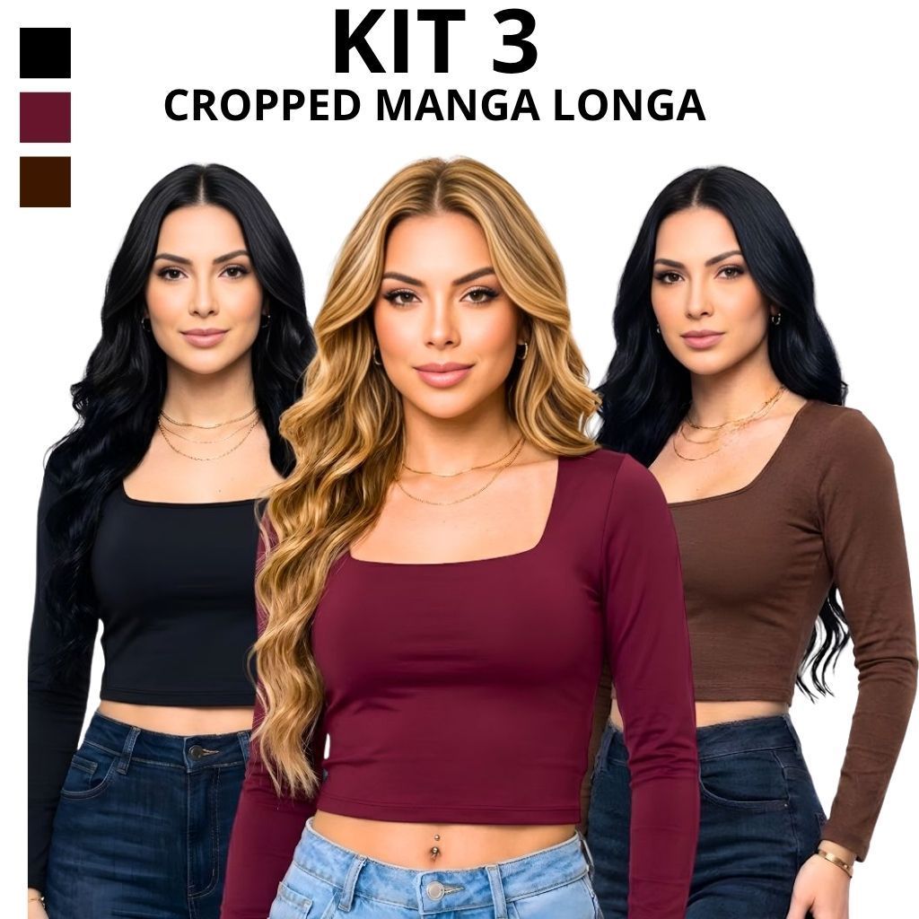 Kit 3 Cropped Blusa Blusinha Manga Longa Gola Feminino Suplex Moda Blogueira Tendencia Inverno 2026