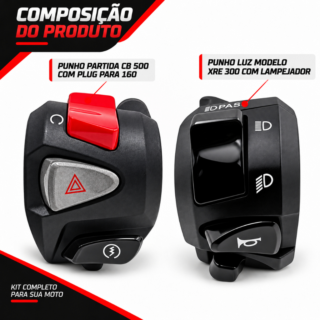 Kit Punho De Partida Cb 500 + Punho Chave de Luz Xre 300 Com Lampejador Pisca Alerta Cg Titan Fan Cb Start 150 Plug 160 — imagem 2 de 2