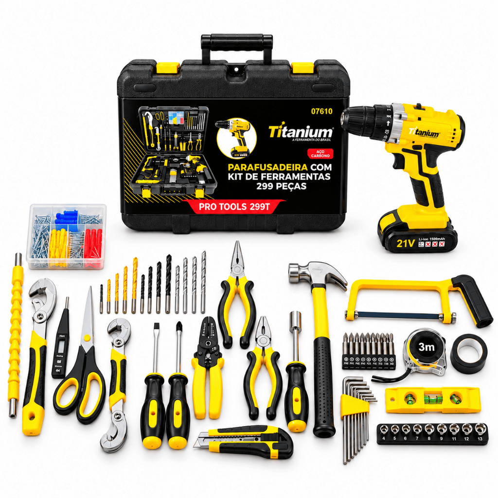 Kit Ferramentas 299 Peças Parafusadeira a Bateria 21V Titanium Platina com Maleta
