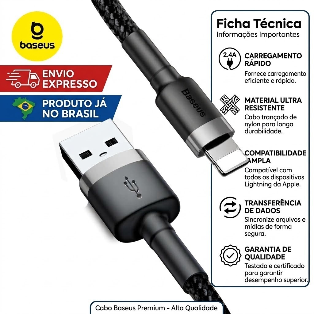 Cabo Baseus Cafule USB para Lightning 2.4A 1m Nylon Trançado Reforçado Carregamento Rápido Original