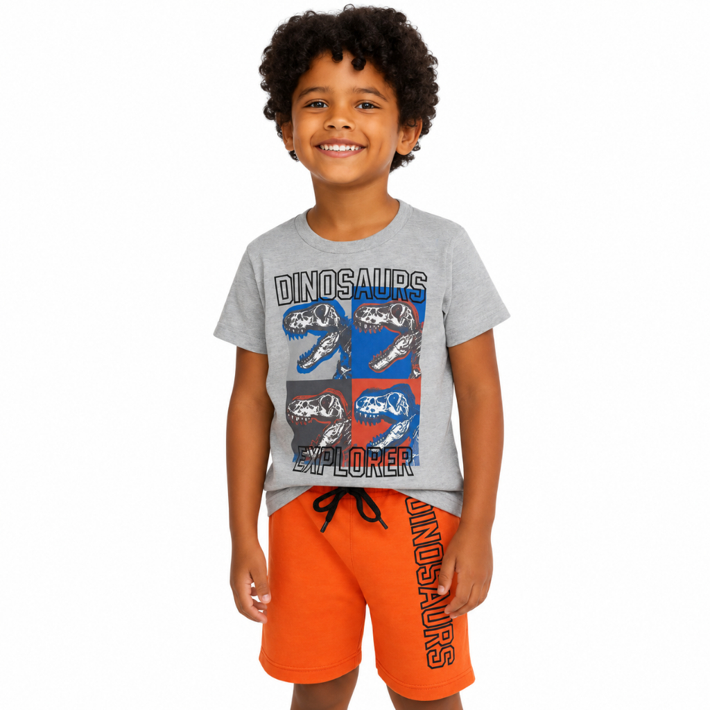 Conjunto Infantil Menino RD Kids Dinossauro Verão Camiseta Manga Curta e Bermuda Cinza Laranja 2 Peças Tamanhos: 2 ao 12