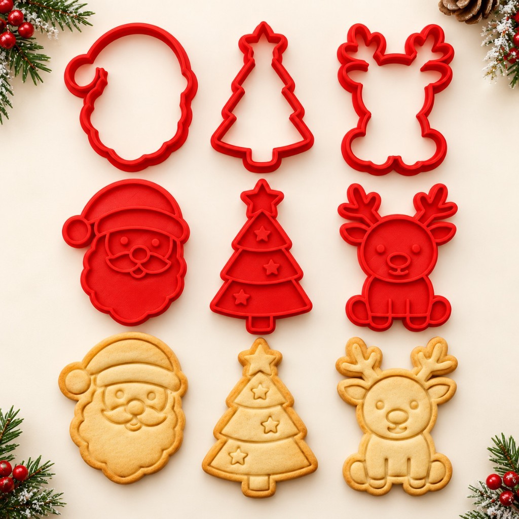 Kit Cortador de Biscoito Natal 6 Peças Marcador Carimbo Papai Noel Árvore Rena Molde Cookie Natalino Confeitaria