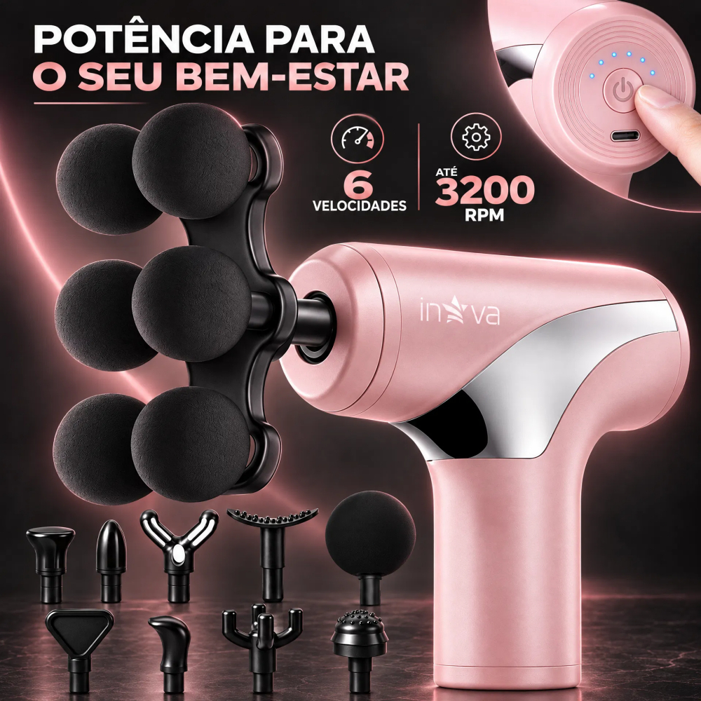 inova Pistola Massageadora Muscular Elétrica Profissional 10 Cabeças 6 Velocidades