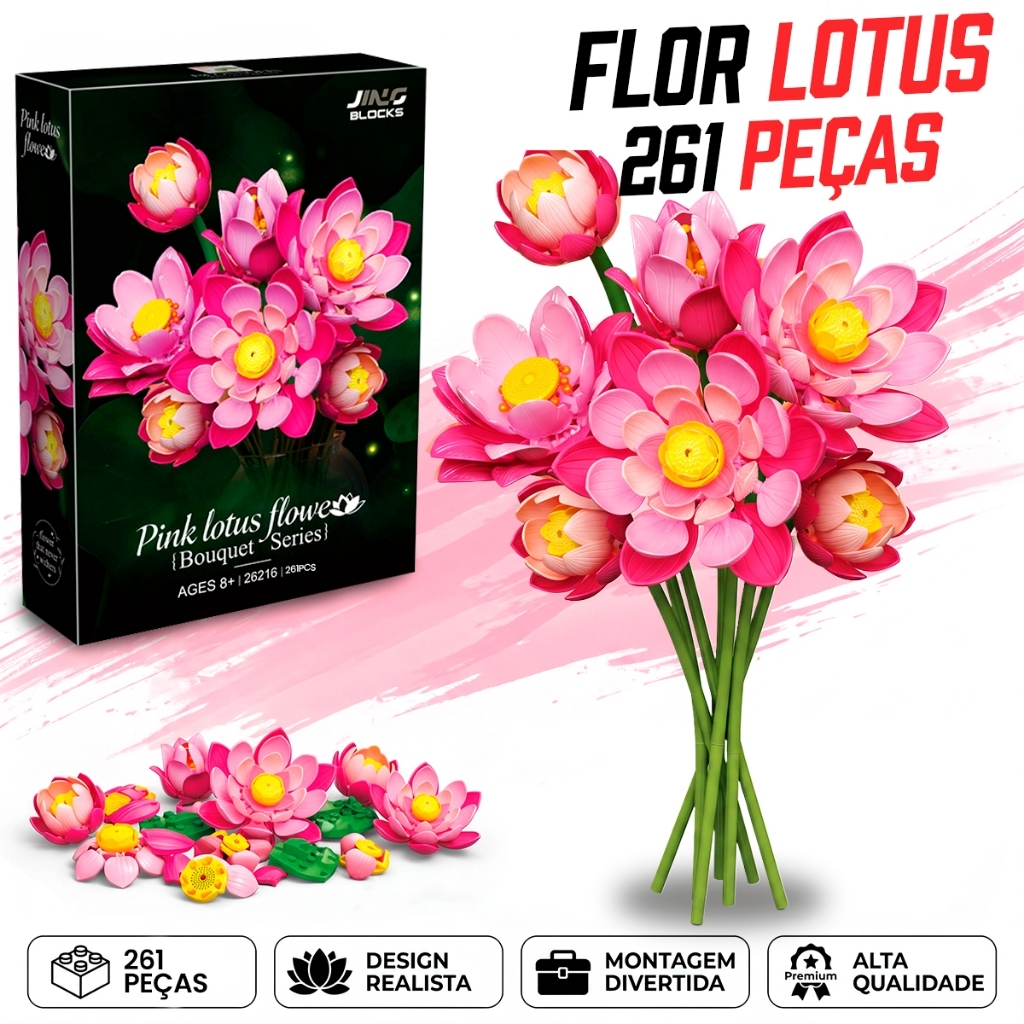 Flor Lótus Buquê Blocos De Montar Encaixe Decoração Presente Lego Enfeite Casa