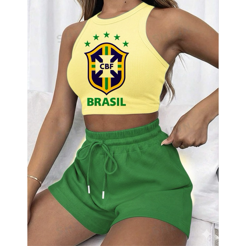 Conjunto cropped e short canelado 3D Feminino Copa Brasil