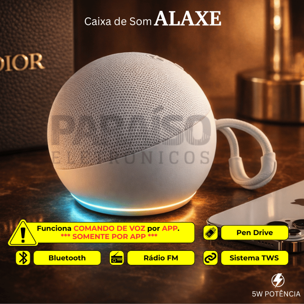 Caixa de Som ALAXE LED Inteligente Portátil com COMANDO DE VOZ POR APP Bluetooth - CORES ALEATÓRIAS