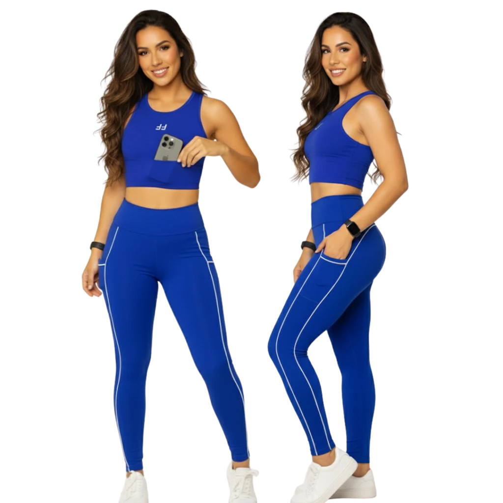 Conjunto Feminino Alta Compressão Top com Bolso e Calça Legging Com Bolso Para Corrida Academia — imagem 1