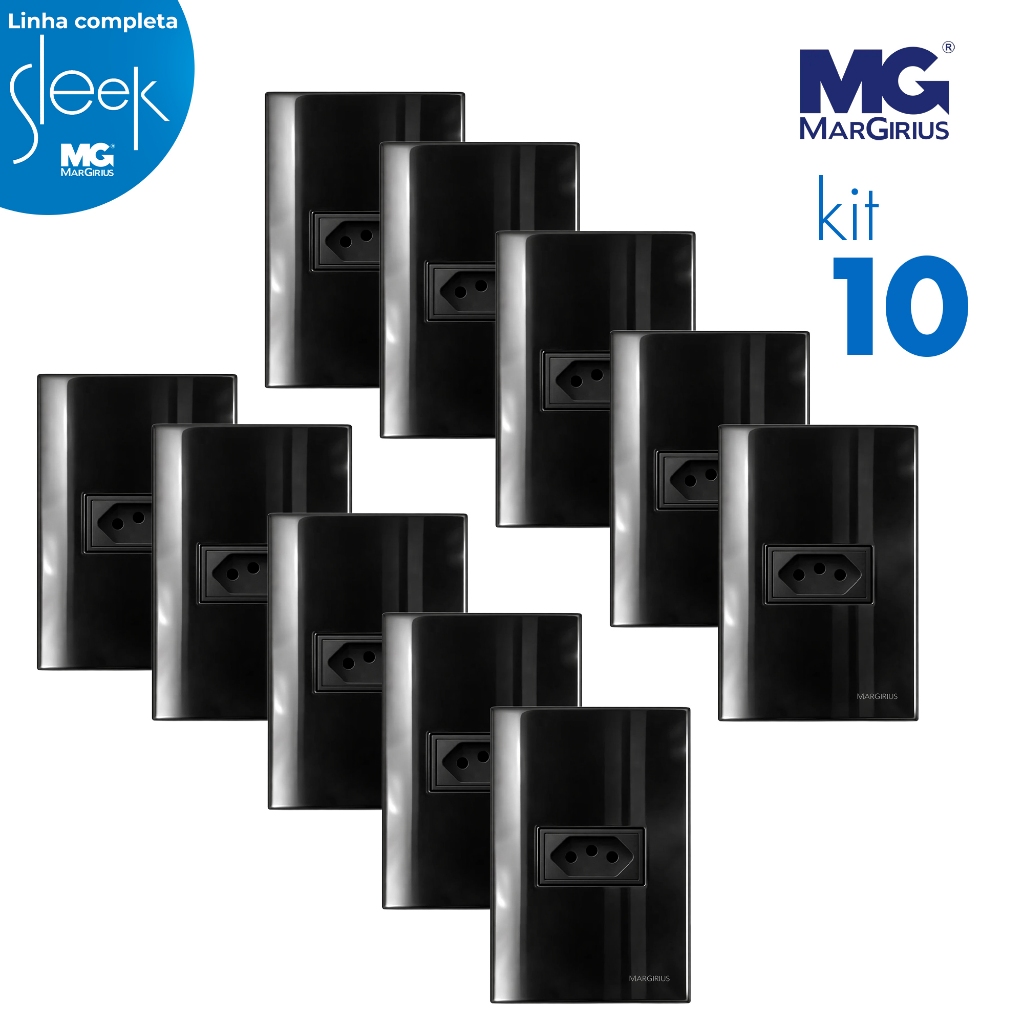 Tomada 10A preto sleek conjunto  completo de tomadas pretas MarGirius alto brilho kit 15 ou 3