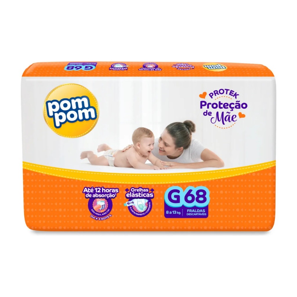 Fralda Pom Pom Protek Proteção de Mãe Hiper | Tamanho G | 68 Unidades | Até 12h de Absorção em Oferta na Shopee