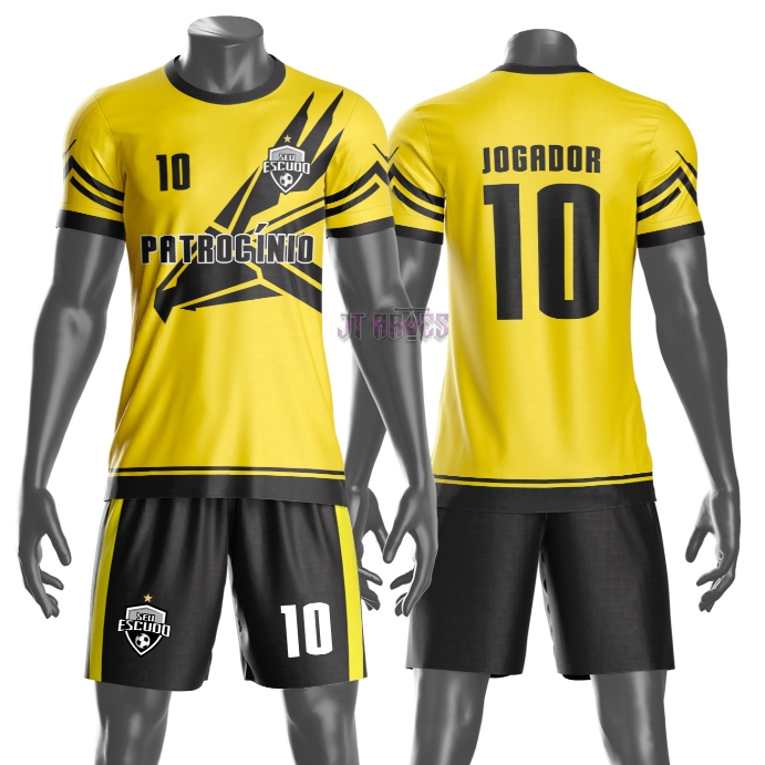 Uniforme jogador futebol amador esportivo camiseta e calção personalizavél nome número escudo mod 24