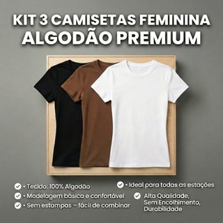 Kit 3 Camisa Básica Lisa Feminina T-shirts Baby Look 100% Algodão Premium em Oferta na Shopee