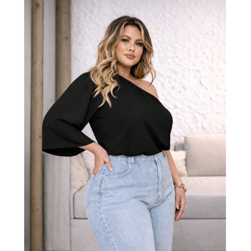 Blusa Feminina Plus Size Boho Manga Ampla Ombro Nú Assimétrica Casual Soltinha Confortável Ñ Amassa
