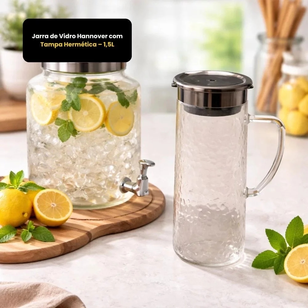 Jarra Vidro Hannover Tampa Hermética Bebidas Água Suco 1,5L Geladeira Mesa Servir Bebidas