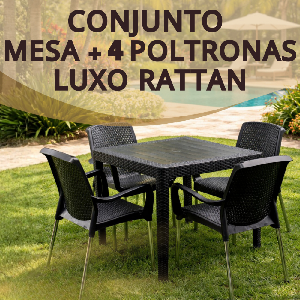 Conjunto de Mesa com 4 Poltronas Rattan Luxo com Braço Reforçadas UV Empilhável Área Lazer Festa Bar em Oferta na Shopee