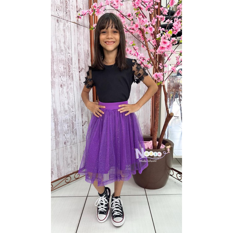 Saia Infantil de Tule com Glitter – Moda Evangélica – 4 a 14 Anos em Oferta na Shopee
