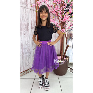 Saia Infantil de Tule com Glitter – Moda Evangélica – 4 a 14 Anos em Oferta na Shopee