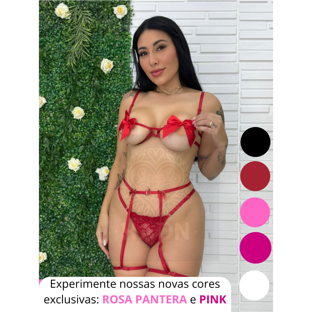 Lingerie Conjunto Completo Luxo Sexy com Arco e Laço e Cinta Liga Gladiadora e Calcinha fio dental