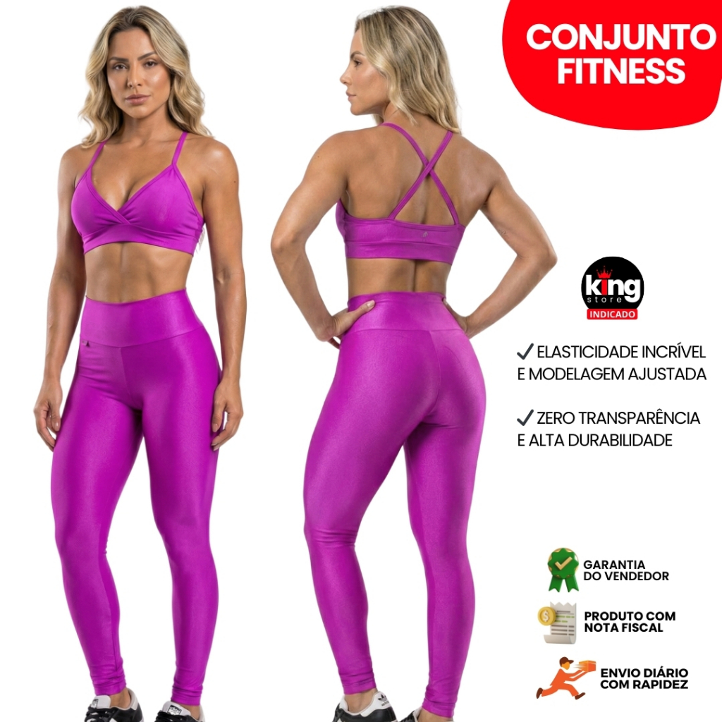Conjunto Top e Calça Fúcsia Fitness Zero Transparência Feminino Premium Roupa Academia Legging CrossFit Moda