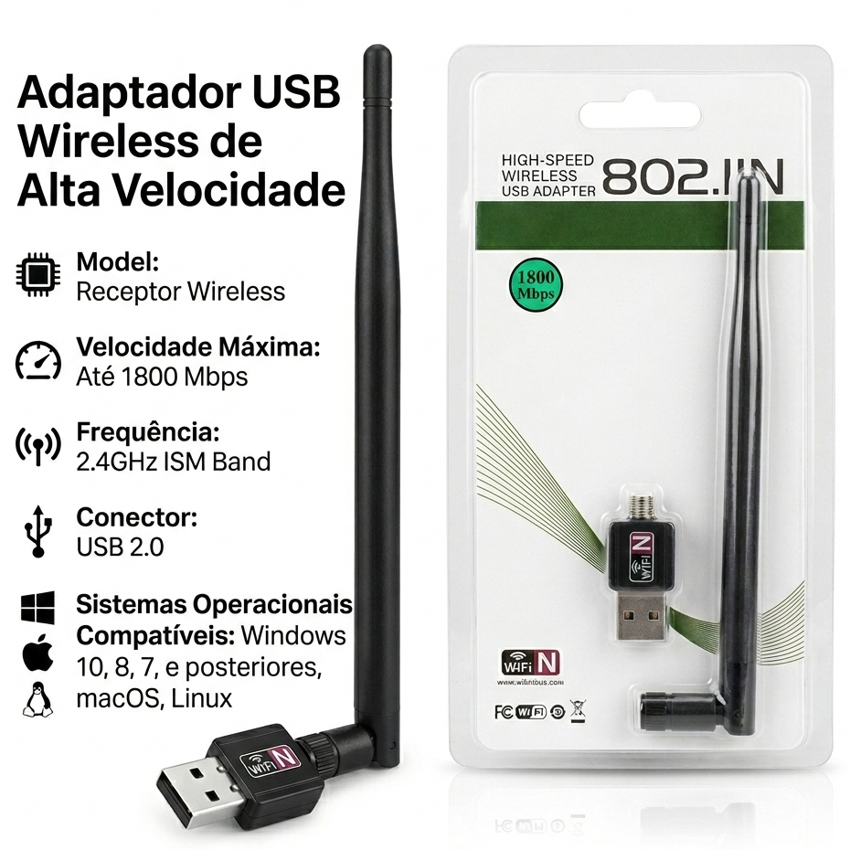 Antena Wifi Adaptador USB Receptor Wireless Para Rede Sem Fio Pc E Notebook 1800Mbps - Promoção em Oferta na Shopee