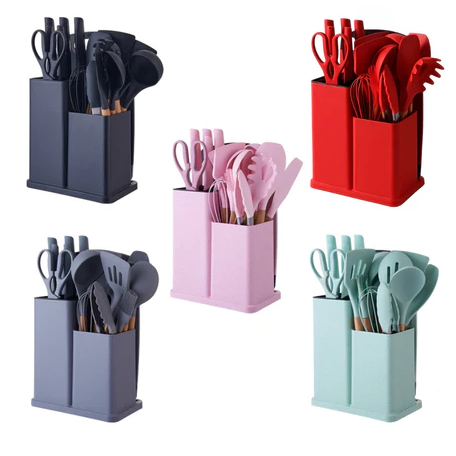 Conjunto de Utensílios de Silicone com Cabo de Madeira e Kit de Facas com Tábua 19peças