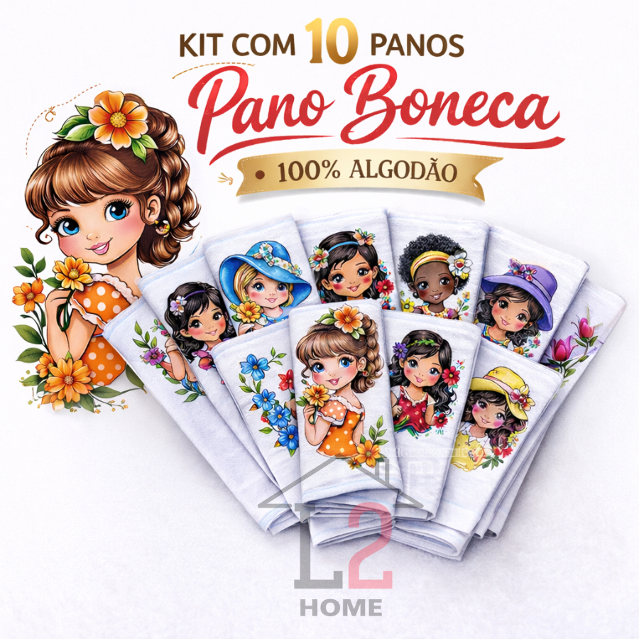 Kit 10 Panos de Prato Estampa Boneca 100% Algodão Grande Ideal para Artesanato