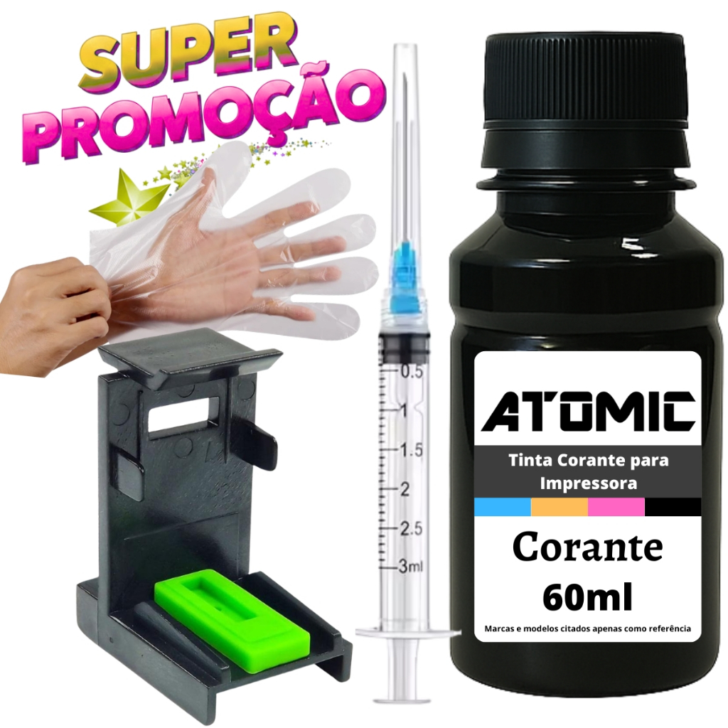 Tinta Recarga Cartucho Preto 667 664 662 Compatível Impressora HP 2776 2700 2600 Contém 60ml Atomic
