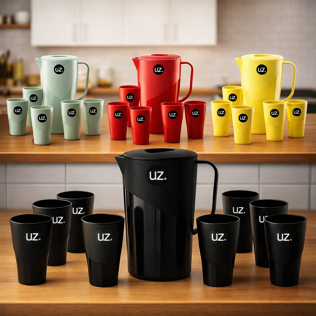 Kit Jarra 2L Com 6 Copos UZ Suco Água Mesa Cozinha Moderna Casa - Suqueira Jarra Para Suco Água