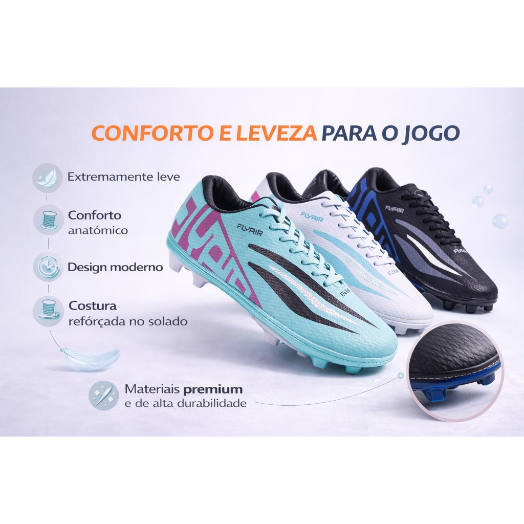 Chuteira de Campo Profissional Costurada Reforçada, Confortável, Alto desempenho e Controle de Bola