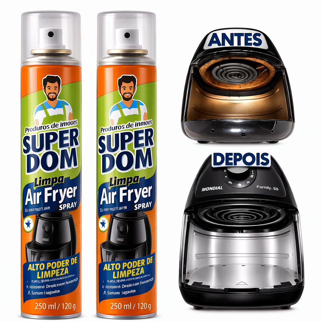 Kit 2 Limpa Air Fryer Spray 250ml Super Dom – Remove Gordura Pesada, Limpeza Rápida e Fácil Uso