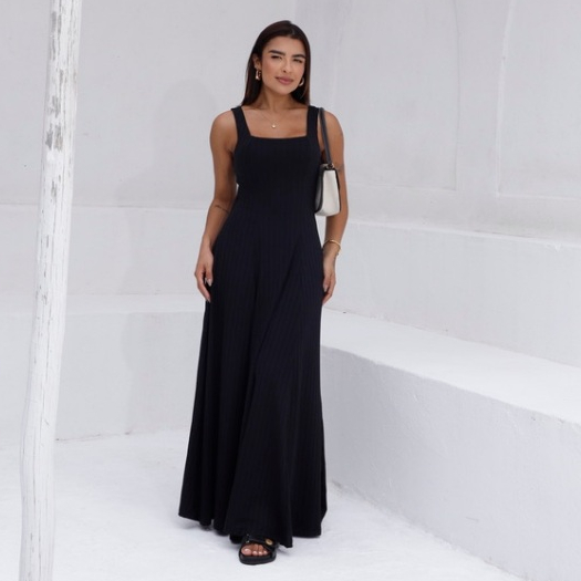 Vestido Longo Feminino Canelado com Bolso