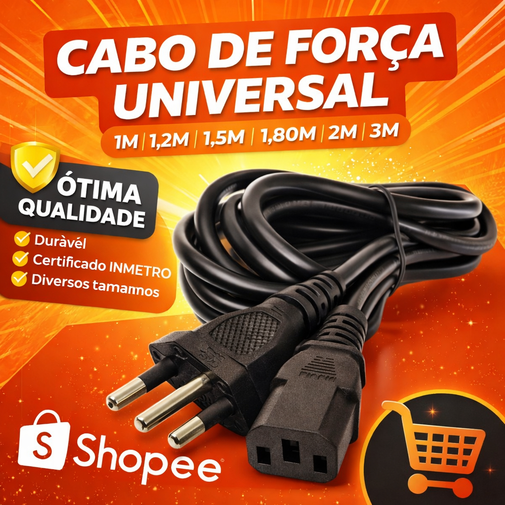 ⚡ Cabo de Força Tripolar 3 Pinos 10A 250V PC Monitor TV – 1m a 3m 🇧🇷 Envio Imediato