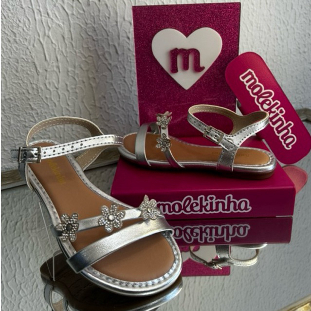 Sandália Infantil Molekinha Prata com Flores em Strass - Ref 2157.1094