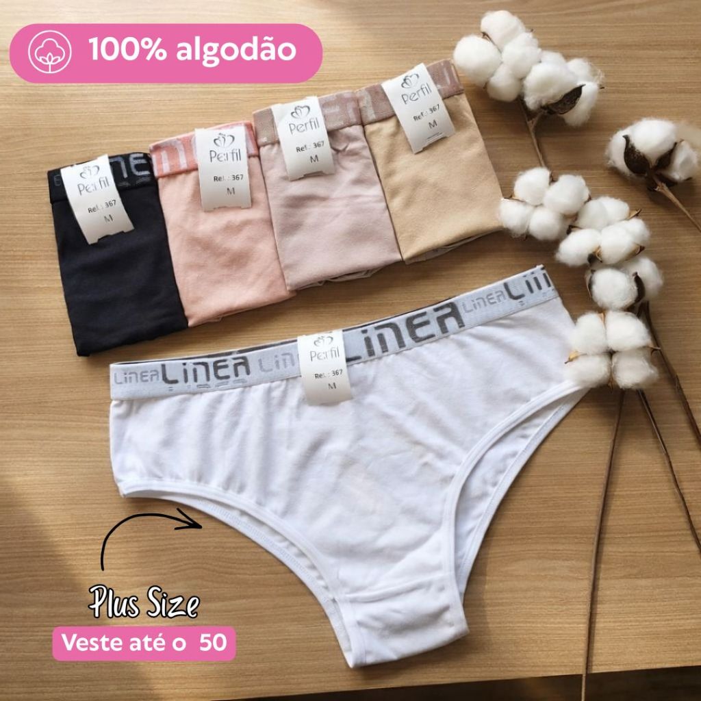 Kit 6, 5 ou 3 Calcinhas PLUS SIZE de Algodão Cós Alto Tanga de Cotton Veste 40 até EG 50 em Oferta na Shopee