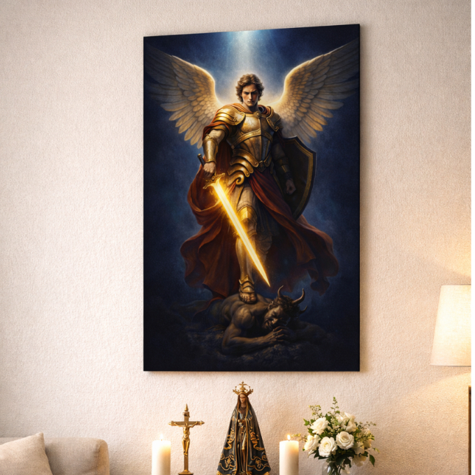 Quadro Decorativo 1 Peça São Miguel Arcanjo Religioso Católico Anjo Proteção Oração Guerreiro Fé