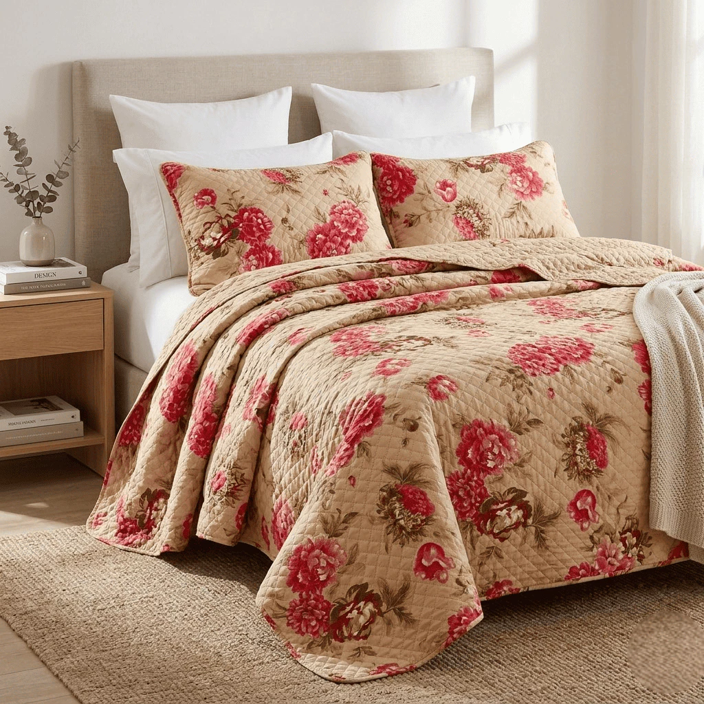 Kit Cobre Leito Colcha Queen 3 Peças Boutis Estampada com Porta Travesseiro Aba Americana