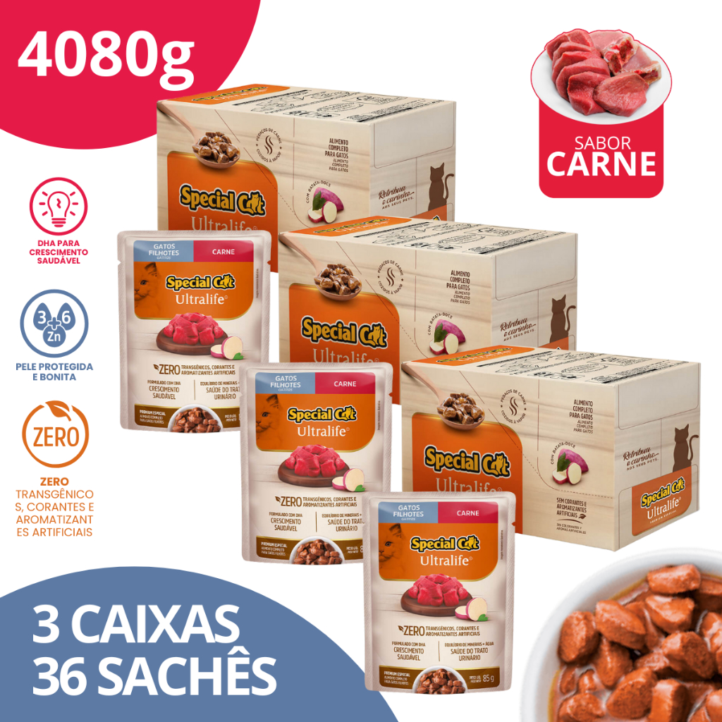 Kit 3 Caixa 12 Sachê Special Cat Ultralife Filhotes Sabor Carne - 85g em Oferta na Shopee