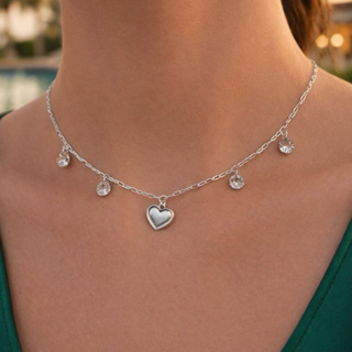 Choker Coração Liso com Pedrinhas Transparentes em Prata 925 em Oferta na Shopee