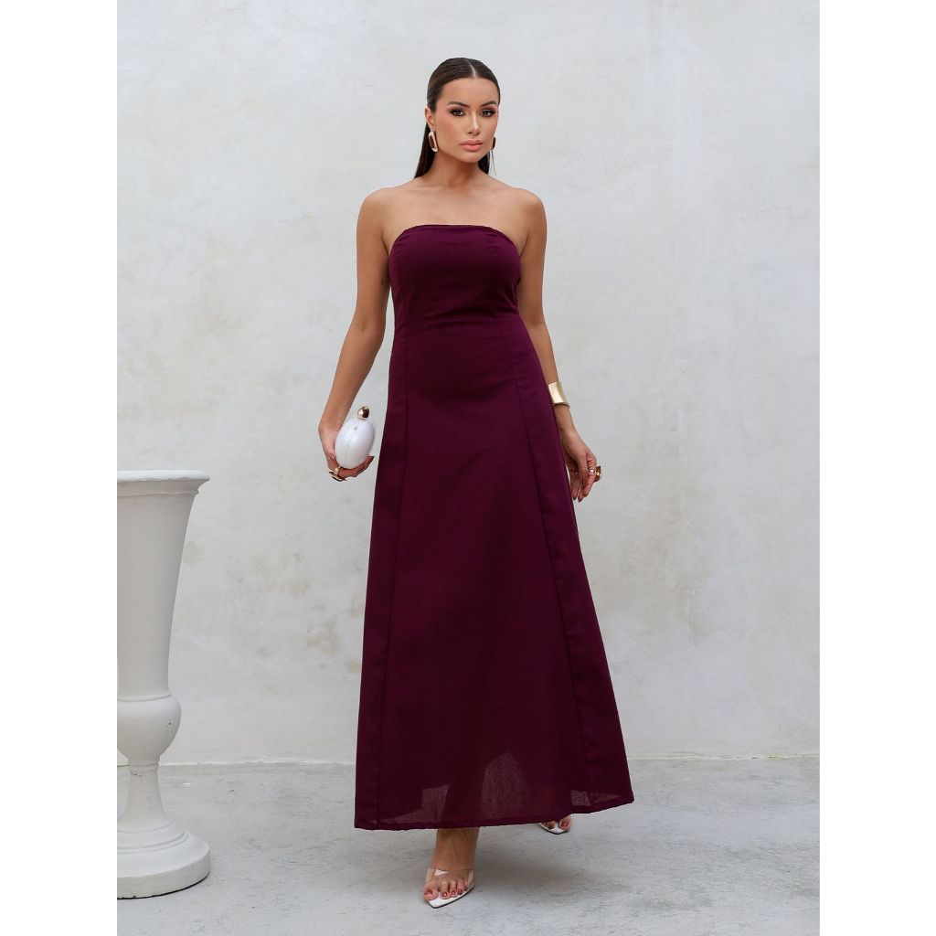 Vestido Longo de Linho Tomara que Caia em Oferta na Shopee