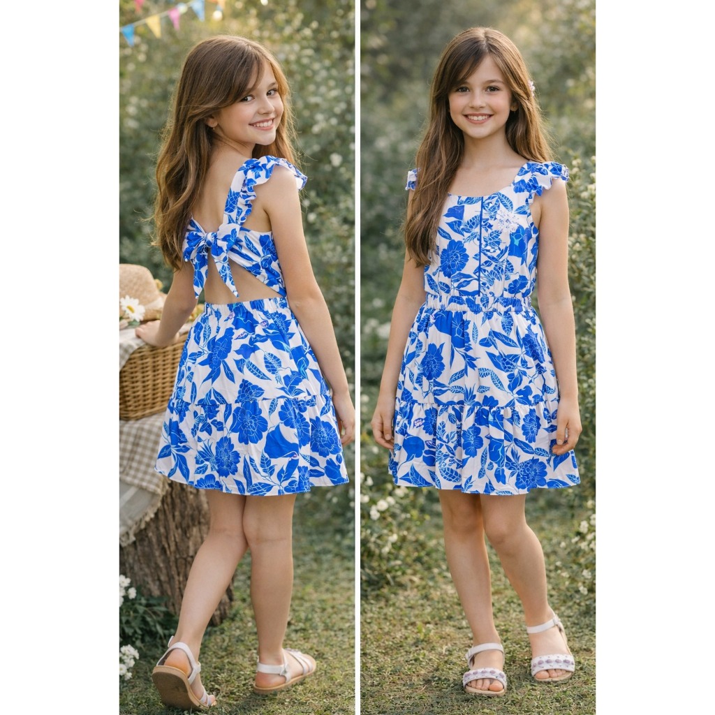 Vestido Juvenil Infantil Laço Ajustável Estampado Verão Soltinho Rodado