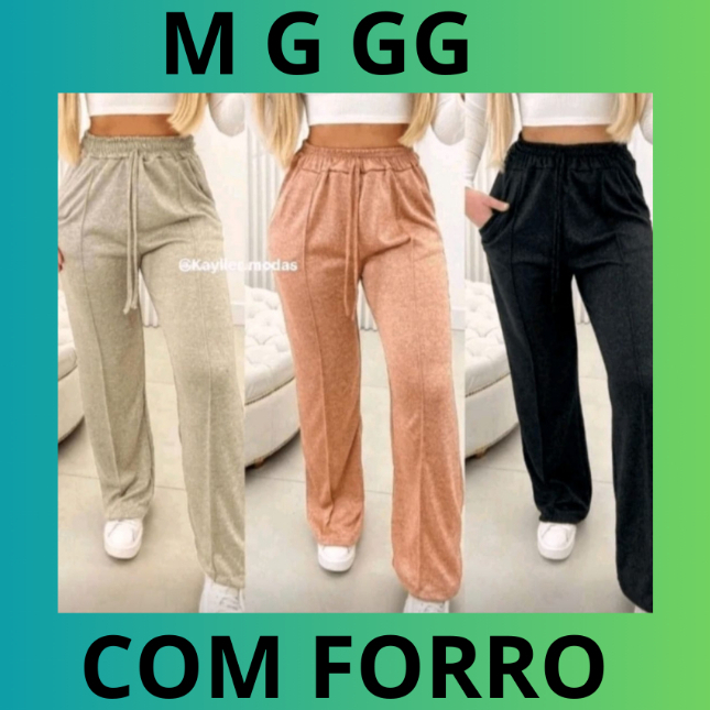 Calça Pantalona Feminina Com Bolso Cintura Alta Tecido Lanzinha Forrada