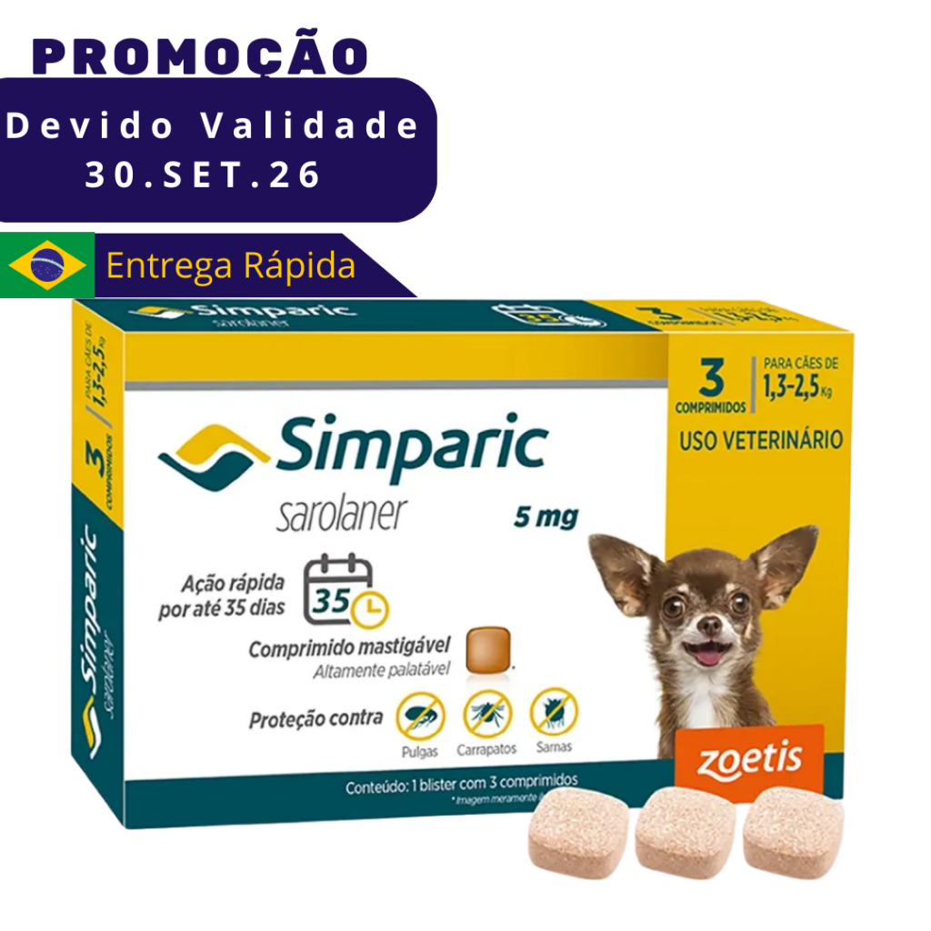 Simparic Para Cães 1,3 A 2,5 kg (5 mg) - 3 Comprimidos VENC SET26 em Oferta na Shopee