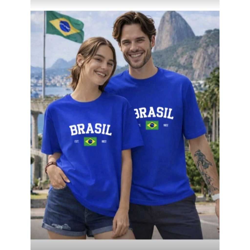 Conjunto Kit Casal 2 Camisetas Copa do Mundo Estampa Brasil Algodão Camisa Gola Redonda Tendencia Moda Verão