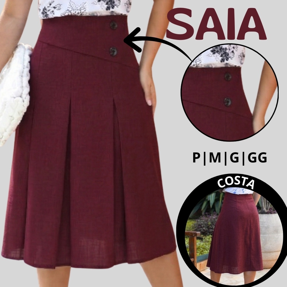Saia Feminina Plissada detalhe 2 botão, tecido linho rustico cintura alta , moda evangélica elegante. em Oferta na Shopee