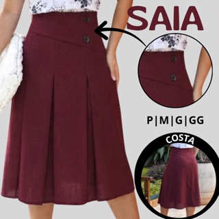 Saia Feminina Plissada detalhe 2 botão, tecido linho rustico cintura alta , moda evangélica elegante. em Oferta na Shopee