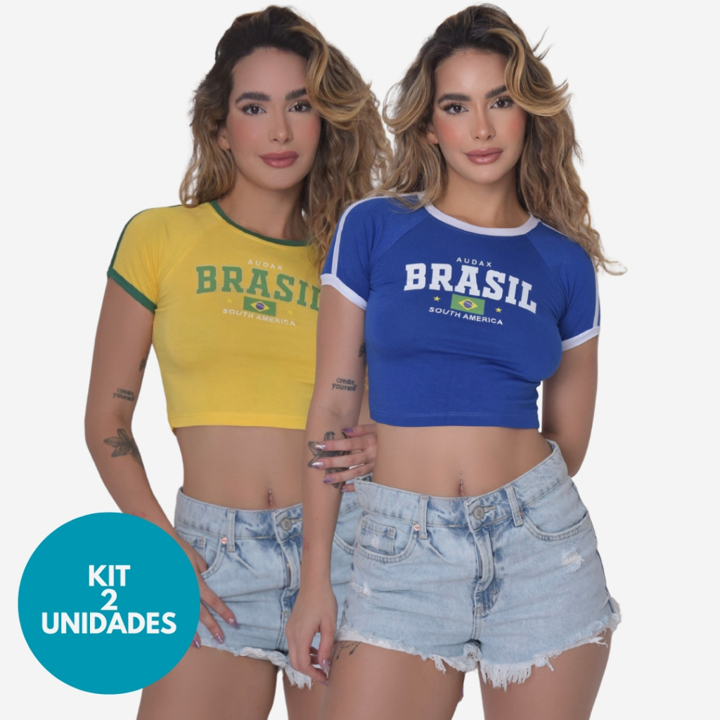 KIT 2 Unidades Cropped Brasil Feminino Baby Look Copa do Mundo Rio Camiseta Camisa do Brasil
