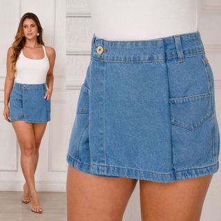 Short Saia 100% Marmorizado Premium Com Jeans Básico Detalhado New Com 2 Bolsos Na Frente
