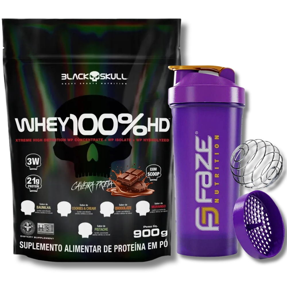 Kit Whey Protein Concentrado 100% HD 900g Refil Black Skull + Coqueteleira